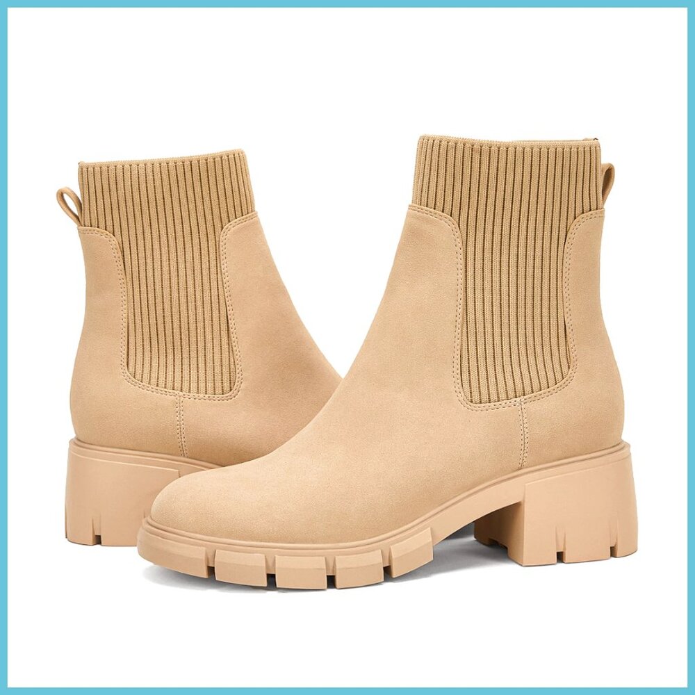 Platform Ankle Boots Elastic Chunky Block Heel Lug Sole Non-Slip Combat Shoes